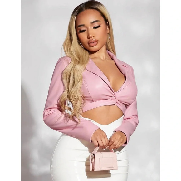 SHEIN Jackets & Blazers - Sexy Faux Leather Baby Pink Single Button Crop Jacket